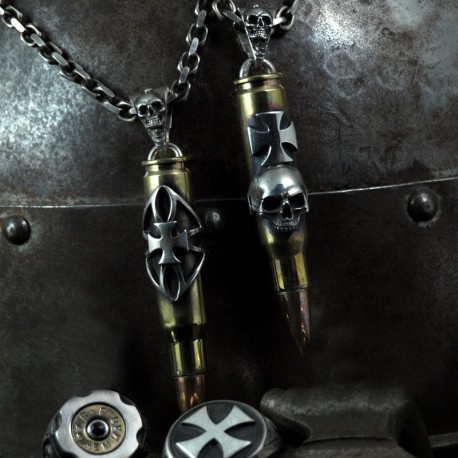 Make my Day - Bullet Pendant with Skull, Iron Cross. Big, striking. Handmade Silver. Biker Pendant Biker Jewelry
