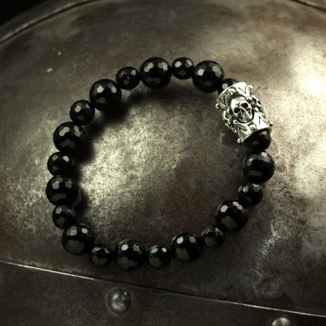 Onyx Bracelet - Onyx balls with solid element of 4 small skulls. 935 silver. Skull Bracelet, Biker Jewelry